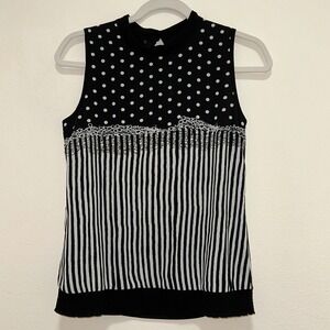 Womens Polka Dot Stripe Sleeveless Top  Medium Black White Blouse